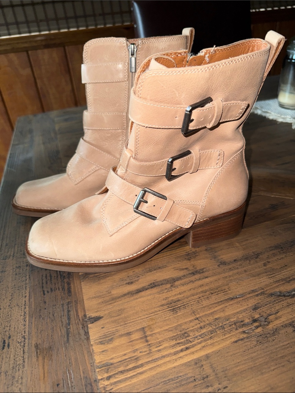 Lucky Brand Blush Tan Leather Buckle Ankle Boots